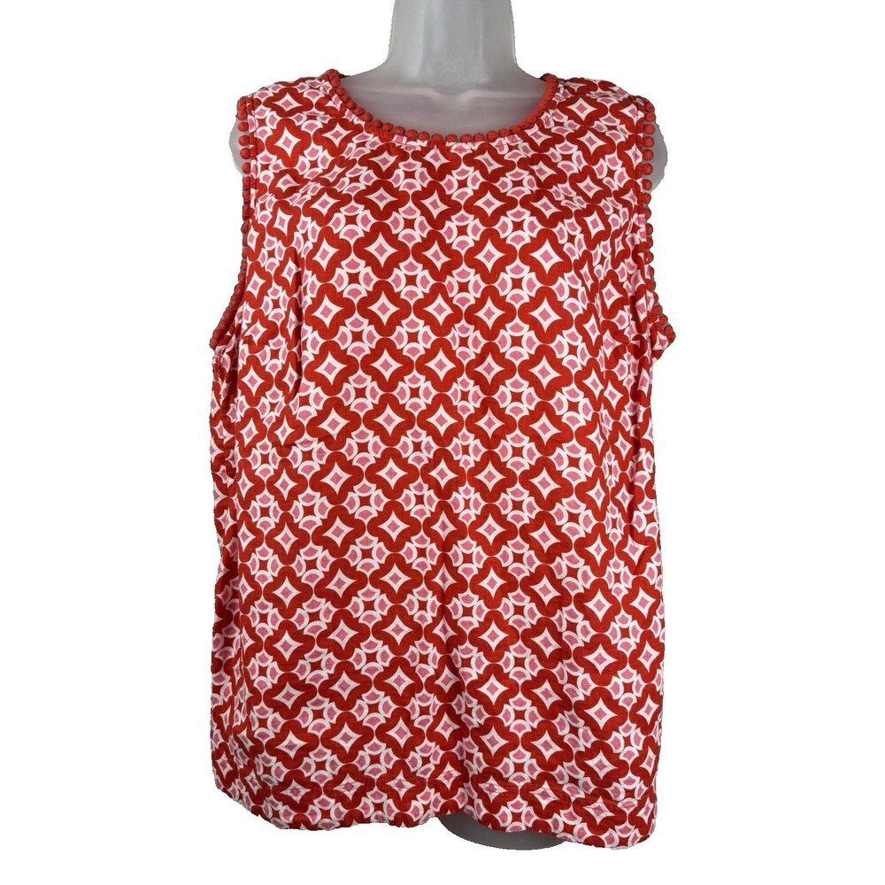 Boden 100% Linen Sleeveless Shell Tank US 20/22 Red Geometric w/ Pom Pom Trim